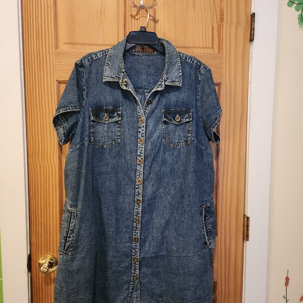 eShakti chambray denim jean shirt dress, pockets, short sleeves, sz 18, EUC